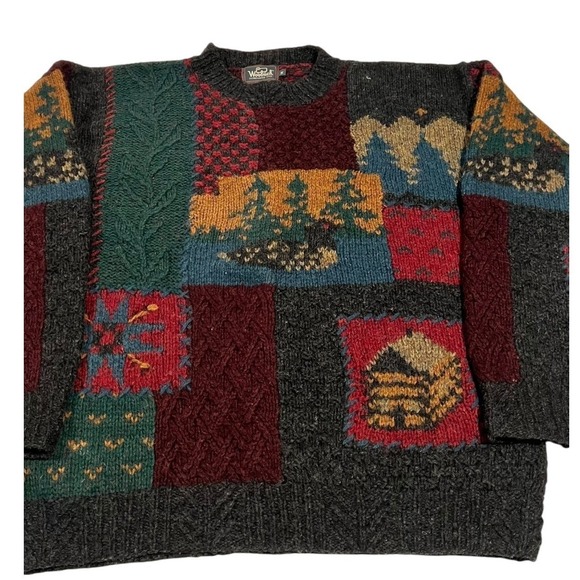 Woolrich Handknit Wool Scenic Cabin Duck Sweater Men's M Patchwork - Picture 6 of 15